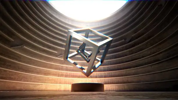 Levitating cube in a futuristic space with a bright light  coming from the top and illumination from the bottom. Digitally generated image of a futuristic hovering cube