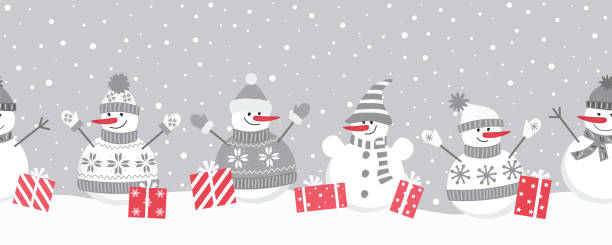 illustrations, cliparts, dessins animés et icônes de les bonhommes de neige heureux se réjouissent des vacances d’hiver. bordure transparente - snowman pattern