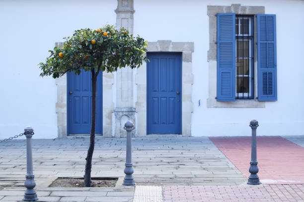 Beautiful blue doors with windows and tangerine tree in old building in Larnaca, Cyprus