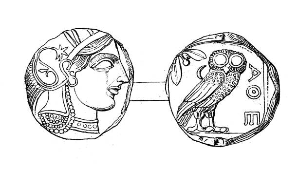 Antique illustration: Greek Art, Athena Coin Antique illustration: Greek Art, Athena Coin ancient coins of greece stock illustrations