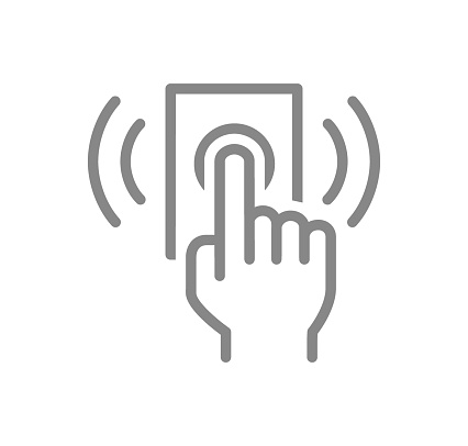 Hand presses the doorbell line icon. Ring the door bell symbol isolated on white background.