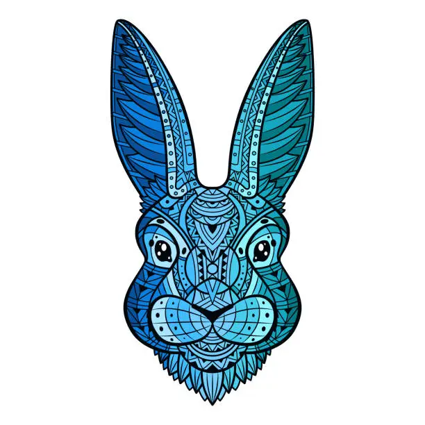 Vector illustration of Rabbit headline art coloring. Hare bunny portrait. Line Art. Blue-green rabbit. Animal head. Hand-drawn with ethnic floral pattern. Boho, doodle style. Vector illustration. Isolated white background.