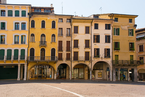 Treviso, Italy - 23rd July 2022. Medieval buildings in Piazza Dei Signori square in the historic centre of Treviso, Veneto, Italy