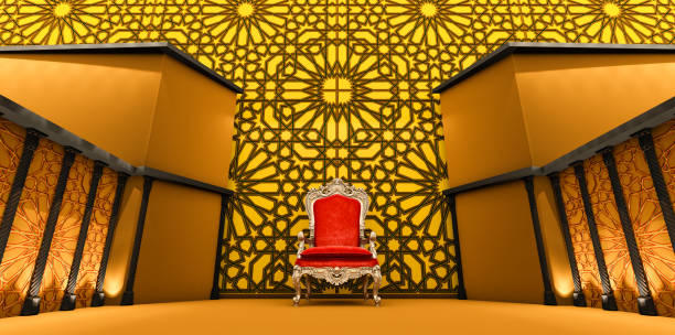 빨간색과 노란색 아라베스크 배경에 빨간 왕실 의자, vip 왕좌, 붉은 왕좌, - carpet red nobility rope 뉴스 사진 이미지