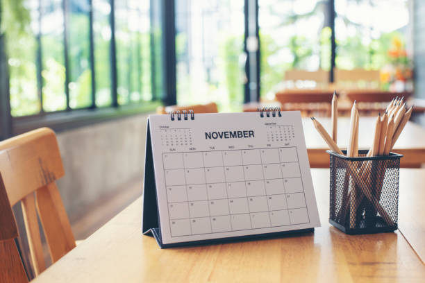 istock 2023 Calendar desk place on table. Desktop Calender for Planner to plan agenda, timetable, appointment, organization, management each date, month, and year on wooden office table. Calendar Concept 1411250736