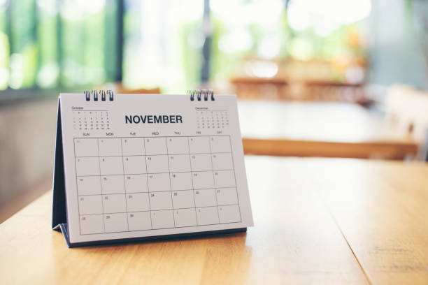 istock 2023 Calendar desk place on table. Desktop Calender for Planner to plan agenda, timetable, appointment, organization, management each date, month, and year on wooden office table. Calendar Concept 1411250744