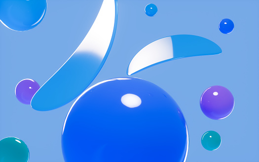 Abstract spheres and glass curves with blue background, 3d rendering. Computer digital drawing.