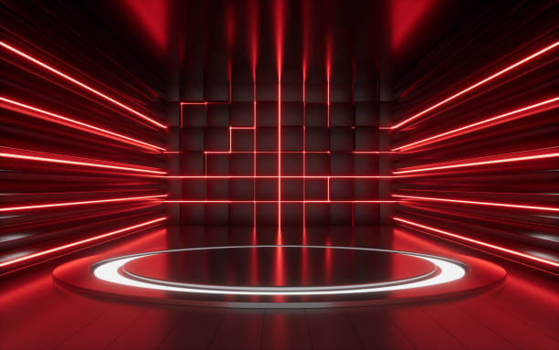 istock Empty stage and neon lines in the dark room, 3d rendering. 1411251964