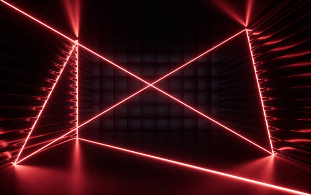 istock Glowing neon lines and randomly arranged cubes in the dark room, 3d rendering. 1411251967