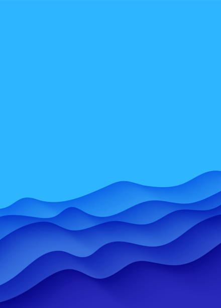 istock Abstract background with water waves in paper cut style. 3d wallpaper with cut out deep wavy modern cover. Blue color layers with smooth shadow papercut art. Vector illustration, origami shapes 1411252065