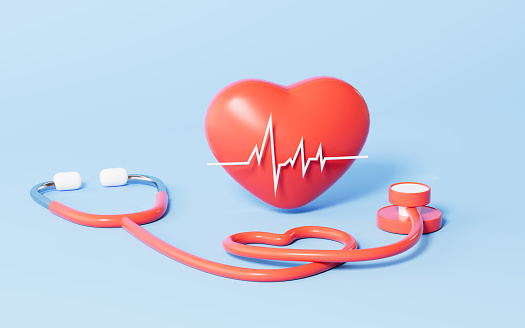 Stethoscope and a heart with an electrocardiogram with blue background, 3d rendering. Computer digital drawing.