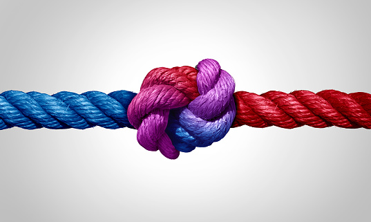 Agreement and cooperation as a bipartisan or bipartisanship trust concept and connected symbol as two different ropes combining and tied together for a common cause.