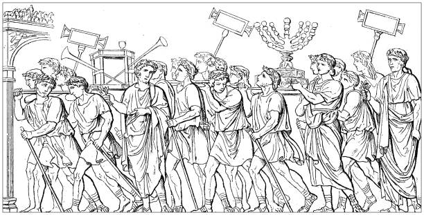 ilustracja antyczna: sztuka rzymska, płaskorzeźba na łuku tytusa - ancient rome illustration and painting engraving engraved image stock illustrations