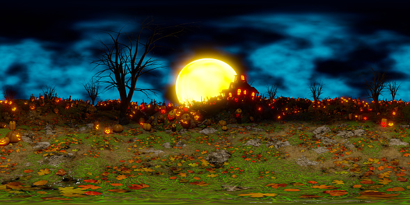 Full moon in the sky on Halloween night, cemetery with jack-o lanterns and tombstones, 3D rendering equirectangular projection with 360-degree seamless VR Panorama HDRI environment map.
