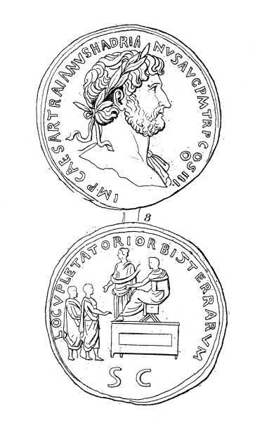 antyczna ilustracja: sztuka rzymska, moneta hadriana - ancient rome illustration and painting engraving engraved image stock illustrations