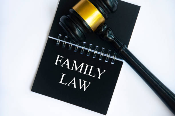 top view of family law text on black notepad with gavel on white background. family law concept. - contract signing document legal system imagens e fotografias de stock