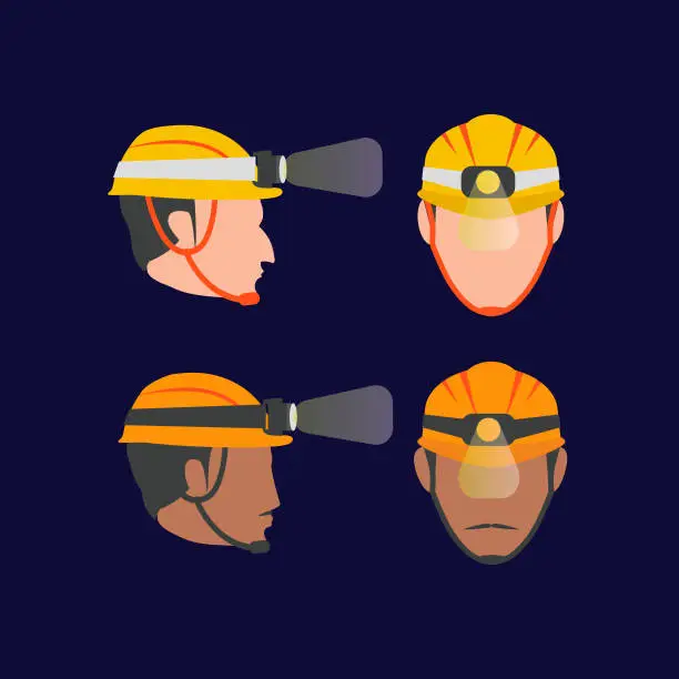 Vector illustration of man wearing a miners helmet with lamp and light design vector illustration