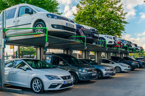 Istanbul, Turkey - June 18 2022:  Double vertical lift parking lot used to solve the parking problem in crowded cities