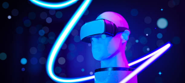istock Metaverse head with VR goggles - modern 3d render art, NFT style background 1411264430