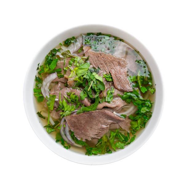 istock Soup Pho Bo with beef and noodles top view isolated on white background 1411264748