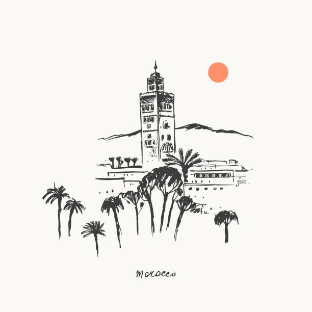 Hand drawn urban sketch of moroccan city buildings Hand drawn urban sketch of moroccan city buildings. Vector Marrakech architecture illustration. Tourist attraction, skyline panorama. Arabic landmark mosque tower. For travel background design. marrakech stock illustrations