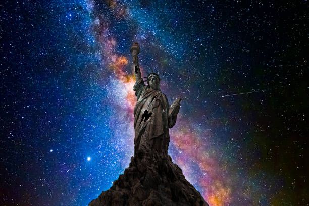 istock Statue of liberty with universe background 1411267198