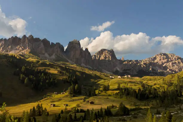 italian mountains landscape in Val Gardena at sunset