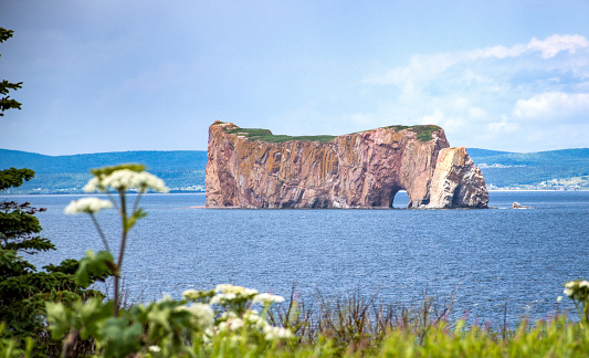 Percé rock in the distance on a summer day, Percé, QC, Canada