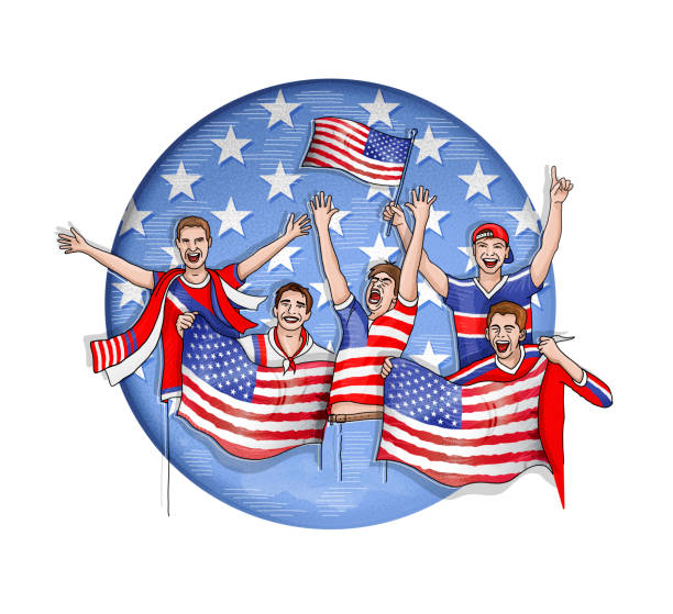ilustraciones, imágenes clip art, dibujos animados e iconos de stock de grupo de cinco aficionados celebrando con banderas nacionales de - american football sports uniform football white background