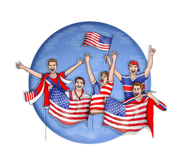 ilustrações, clipart, desenhos animados e ícones de grupo de cinco fãs celebrando com bandeiras nacionais de - american football sports uniform football white background