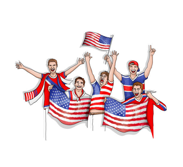 ilustrações, clipart, desenhos animados e ícones de grupo de cinco fãs celebrando com bandeiras nacionais de - american football sports uniform football white background