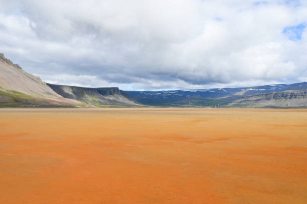 Very wide beach with orange sand and mountains with snow in the background in the area of the fjords in the north of Iceland - Environment as far as the eye can see