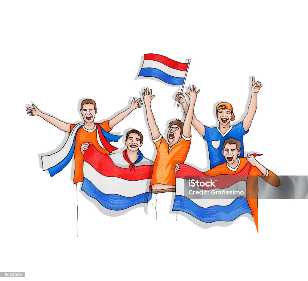 Group of five soccer fan celebrating with national flag of Netherlands - Royalty-free Países Baixos Ilustração de stock