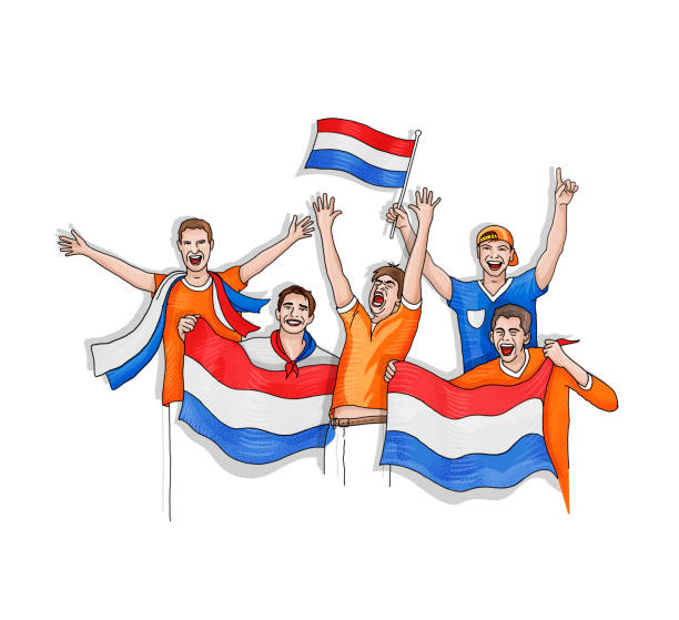 ilustrações de stock, clip art, desenhos animados e ícones de group of five soccer fan celebrating with national flag of netherlands - holanda futebol