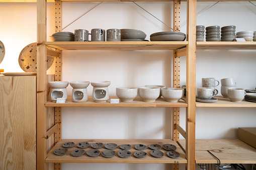 Clay products in pottery studio