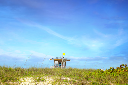 Wooden lifeguard hut at beach in Florida.