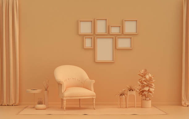 istock Mock-up poster gallery wall with 7 frames in solid pastel orange room 1411273970