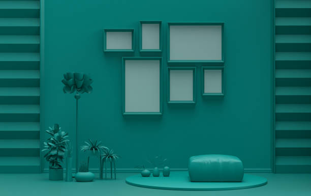 istock Poster frame background room in flat dark green color with 6 frames, poster frame mock-up 1411274010