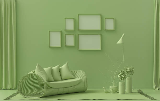 istock Poster frame background room in flat light green color with 6 frames, poster frame mock-up 1411274540