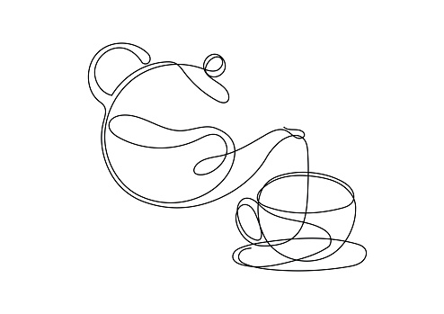 Tea cup on saucer, with tea being poured, line art, stock illustration