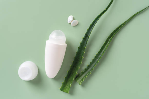 istock Roll on antiperspirant deodorant, two fresh aloe leaves and sea shell butterfly over pastel green background. Organic herbal toiletries and natural cosmetics for body care concept. 1411276586