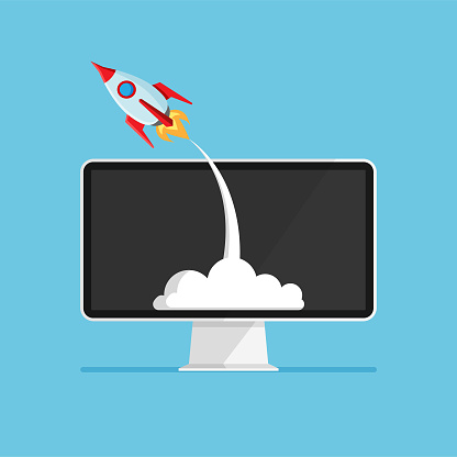 Computer with rocket launch on a display. Business product concept. Rocket goes beyond the monitor. Project startup and innovation product. Vector illustration.