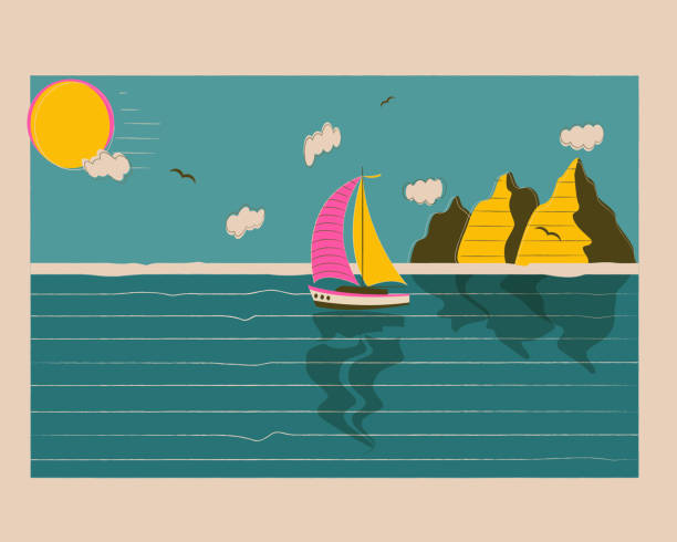 istock Seascape with a bright yacht, mountains, sea, seagulls. Summer time. Flat vector illustration in cartoon style 1411277914