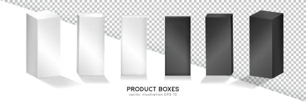 Vector illustration of 3D realistic black and white boxes in front and isometric view