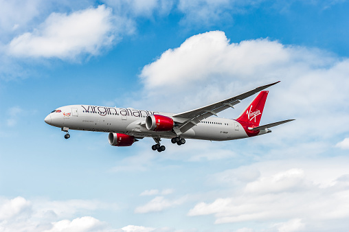 London, England - August 22, 2016: G-VMAP Virgin Atlantic Airways Boeing 787 Dreamliner Landing in London Heathrow International Airport. England.