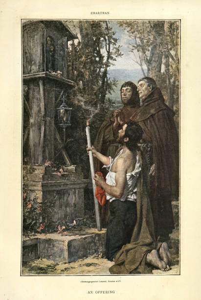 Vintage illustration after the painting by Théobald Chartran, An offering at a wayside shrine