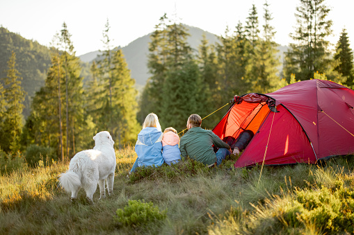 Family with a kid and dog enjoy great view on mountains while sit together at campsite near the tent. Family trip on nature concept