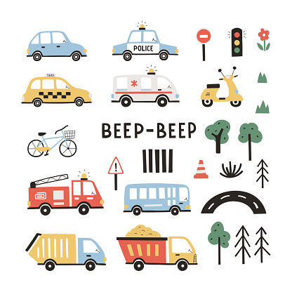 Set of different cute transport and traffic elements. Colorful cartoon hand drawn illustrations for kid clothes, posters, invitation. Simple kid clipart.