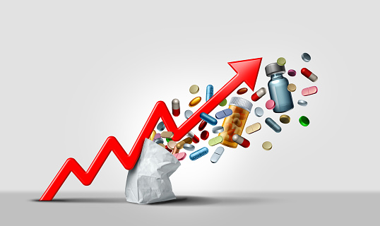 Rising medicine cost and medication prices surging costs of pharmacy and pharmacies as an inflation financial crisis concept coming out of a paper bag shaped hit by a a finance graph arrow with 3D render elements.
