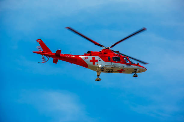 An ambulance helicopter flies up to the building of the cardiology hospital in the city of Nitra. stock photo